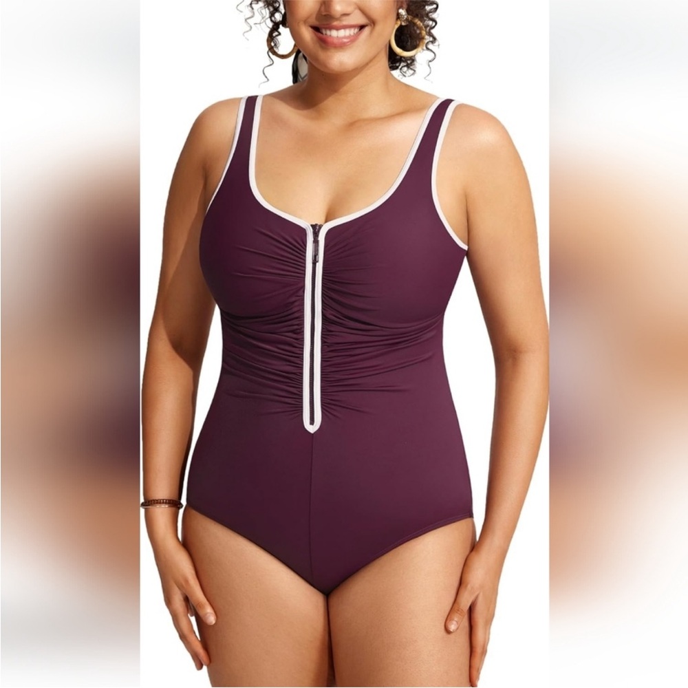 DELIMIRA Purple One-Piece Swimsuit with Wide Straps and Scoop Neck Zipper Front